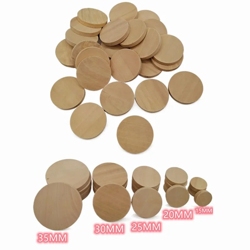 1,5 cm – 3,5 cm große Holzkreise, runde Scheiben, unfertige Scheiben, blanke Holzornamente für Heimwerkerarbeiten, Schulprojekte, Dekorationen.
