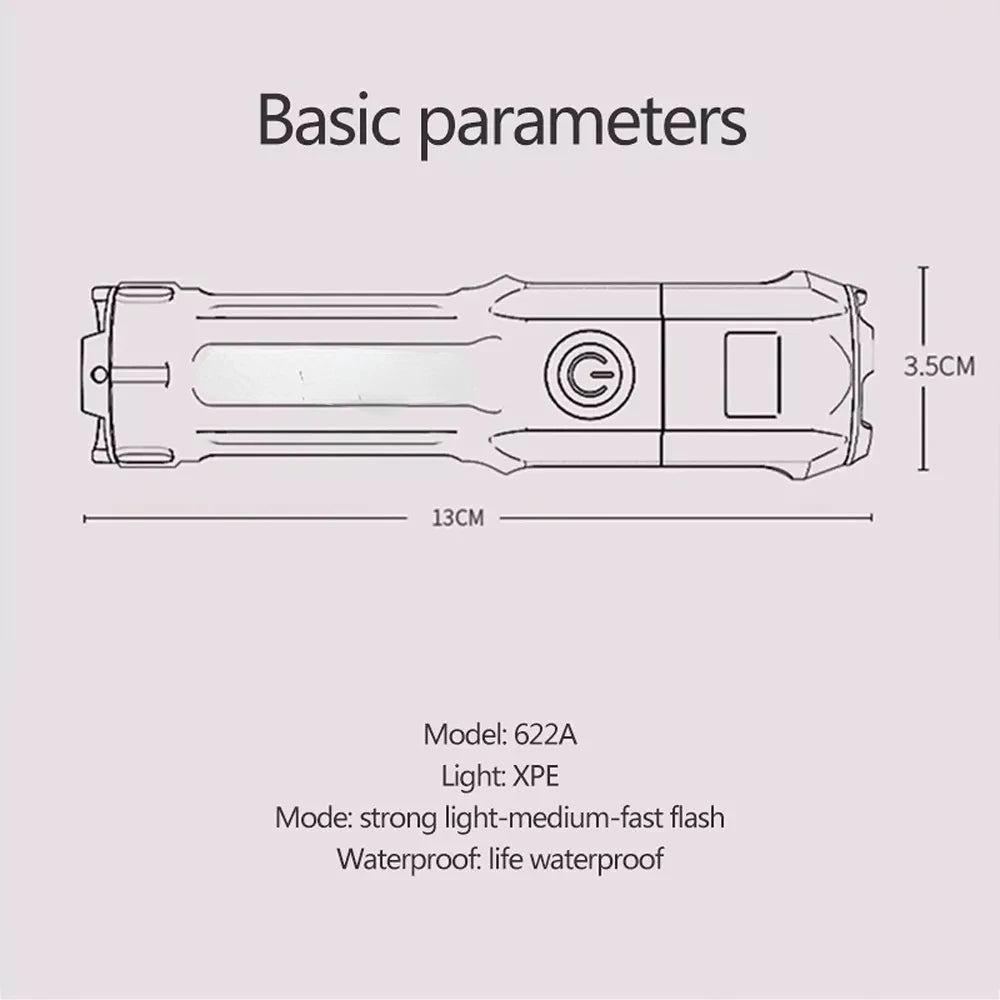 Hochleistungs-Camping-Taschenlampe, LED-Suchscheinwerfer, USB-aufladbare Taschenlampe, wasserdicht, für den Außenbereich, taktische Jagd-Taschenlampe