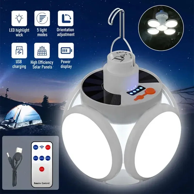 Lampe solaire d'extérieur pliable, portable, rechargeable par USB, ampoule LED, lampes de recherche, torche de camping, lampe d'urgence pour pannes de courant