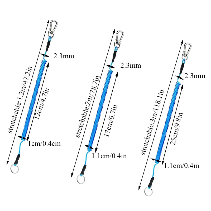 1,2/2/3 m Max Stretch Spiral Schlüsselanhänger Elastisches Federseil Anti-Verlust Telefon Schlüsselanhänger Metallkarabiner für Outdoor Angeln Lanyards 