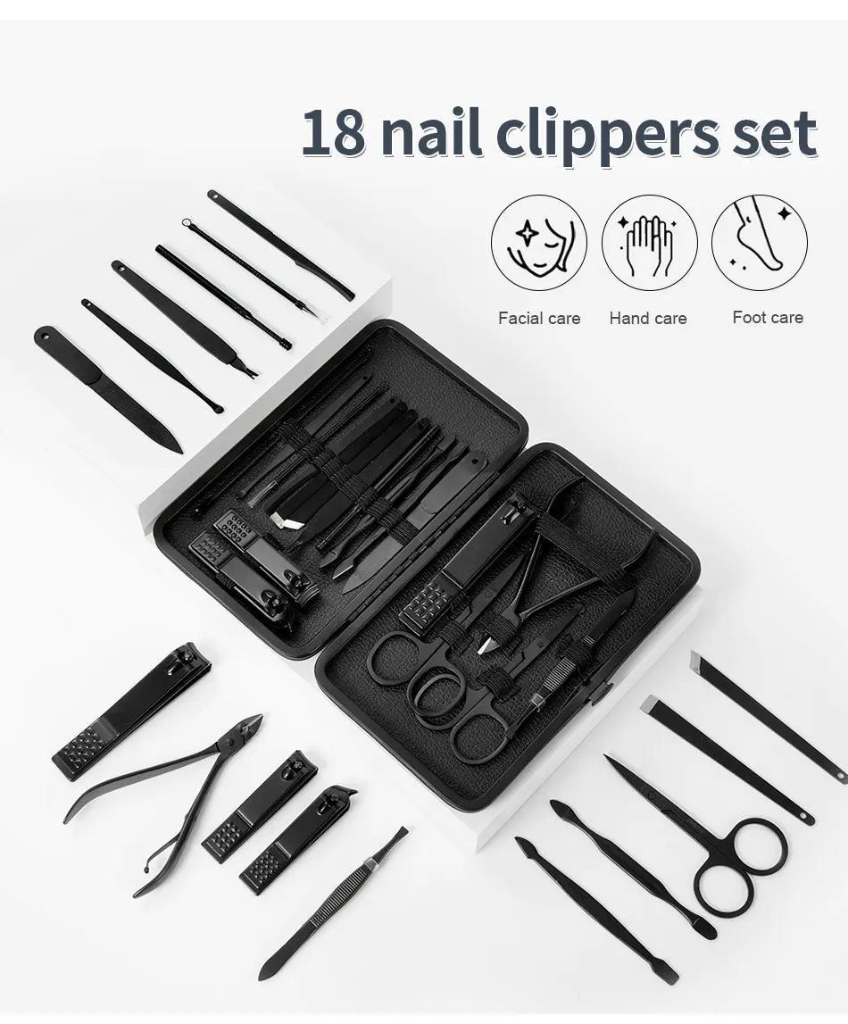 Black Nail Clipper Set Stainless Steel Manicure Nail Scissors Pedicure Kit Nippers Trimmer Care Tool With Travel Case Kit