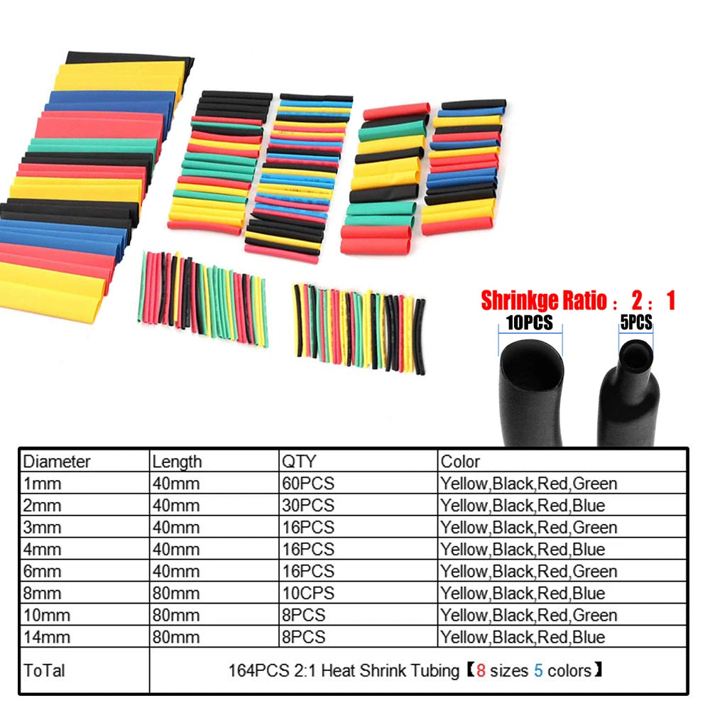 127/164PCS Assorted Electrical Wire Terminals Insulated Crimp Connector Spade Ring Set Heat Shrink Sleeving Tube Wire