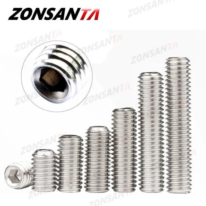 Vis sans tête ZONSANTA M2 M2.5 M3 M4 M5 M6 M8 DIN916 304 en acier inoxydable à six pans creux Allen Cup Point DIY Set Poignées de porte Boulon 