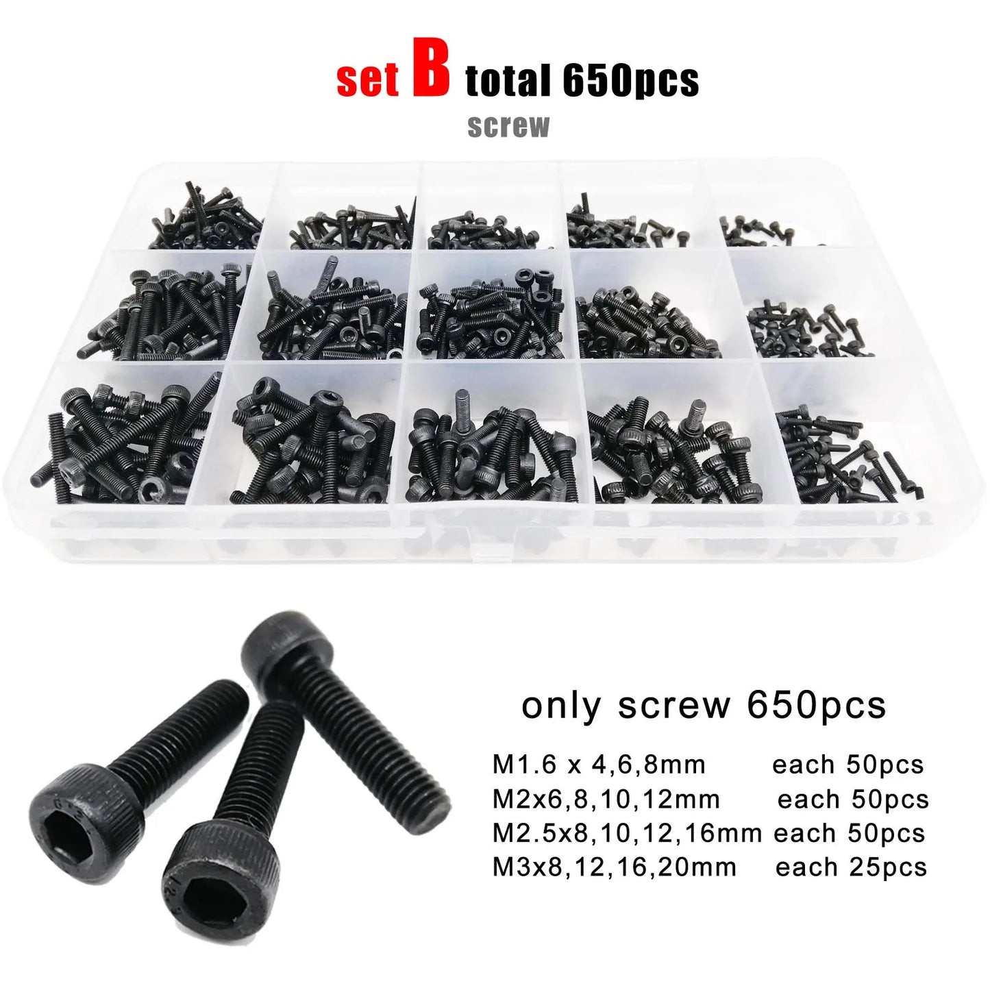 400/2100pc M1.6 M2 M2.5 M3 M4 M5 Black Grade 12.9 Steel Hexagon Hex Socket Cap Head Screw Bolt Nut Washer Set Assortment Kit Box