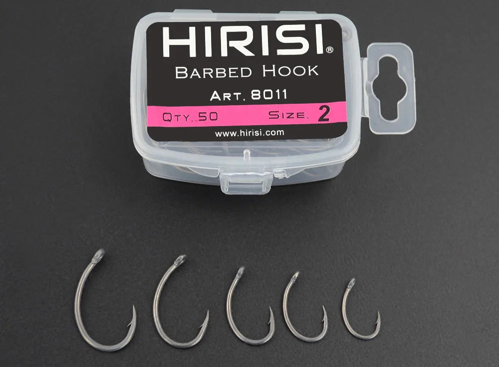 Hirisi 50pcs Coating High Carbon Stainless Steel Barbed hooks Carp Fishing Hooks Pack with Retail Original Box 8011