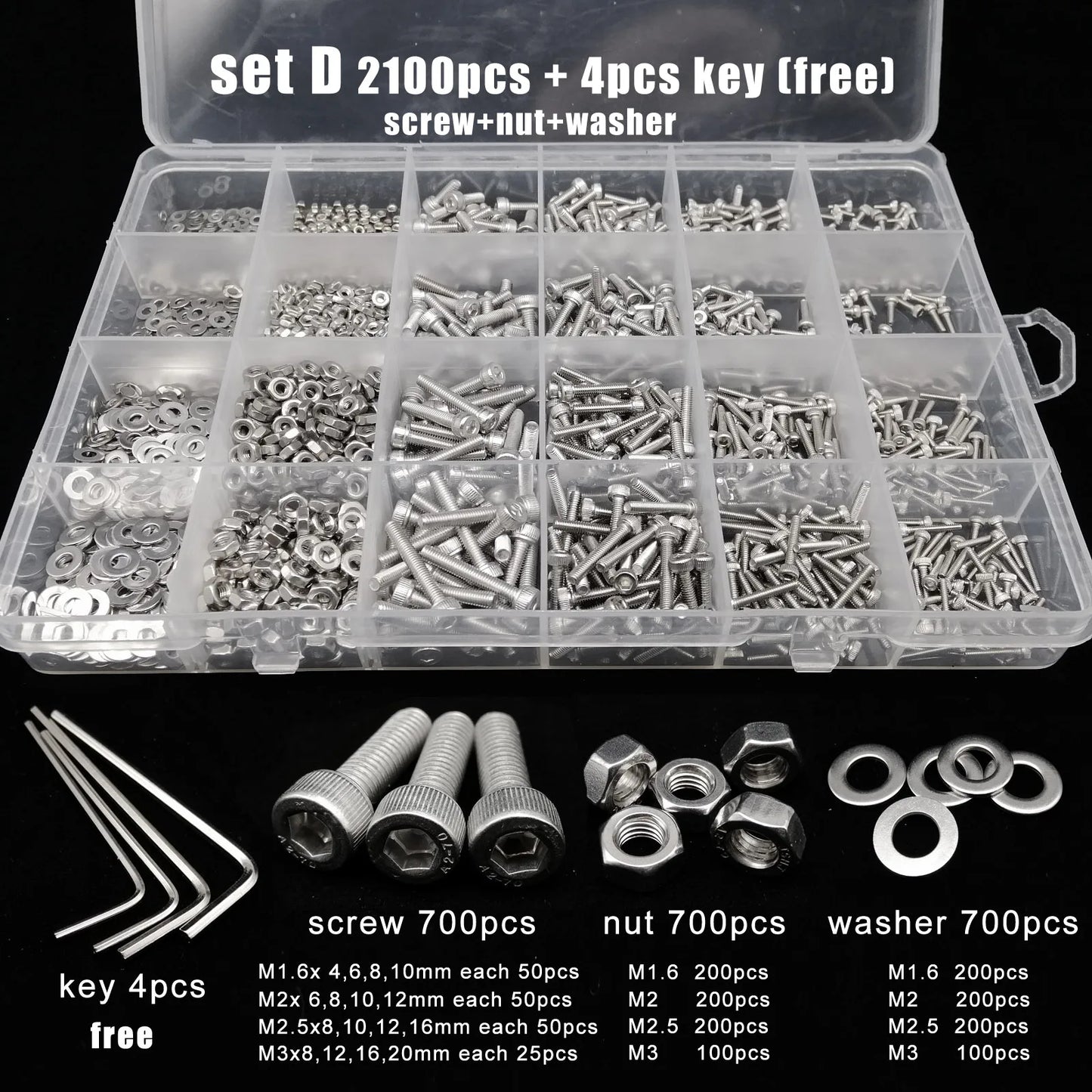 Total 400/650/1140/2100X M1.6 M2 M2.5 M3 M4 M5 304 Stainless Steel Hexagon Hex Socket Cap Head Screw Bolt Nut Set Assortment Kit