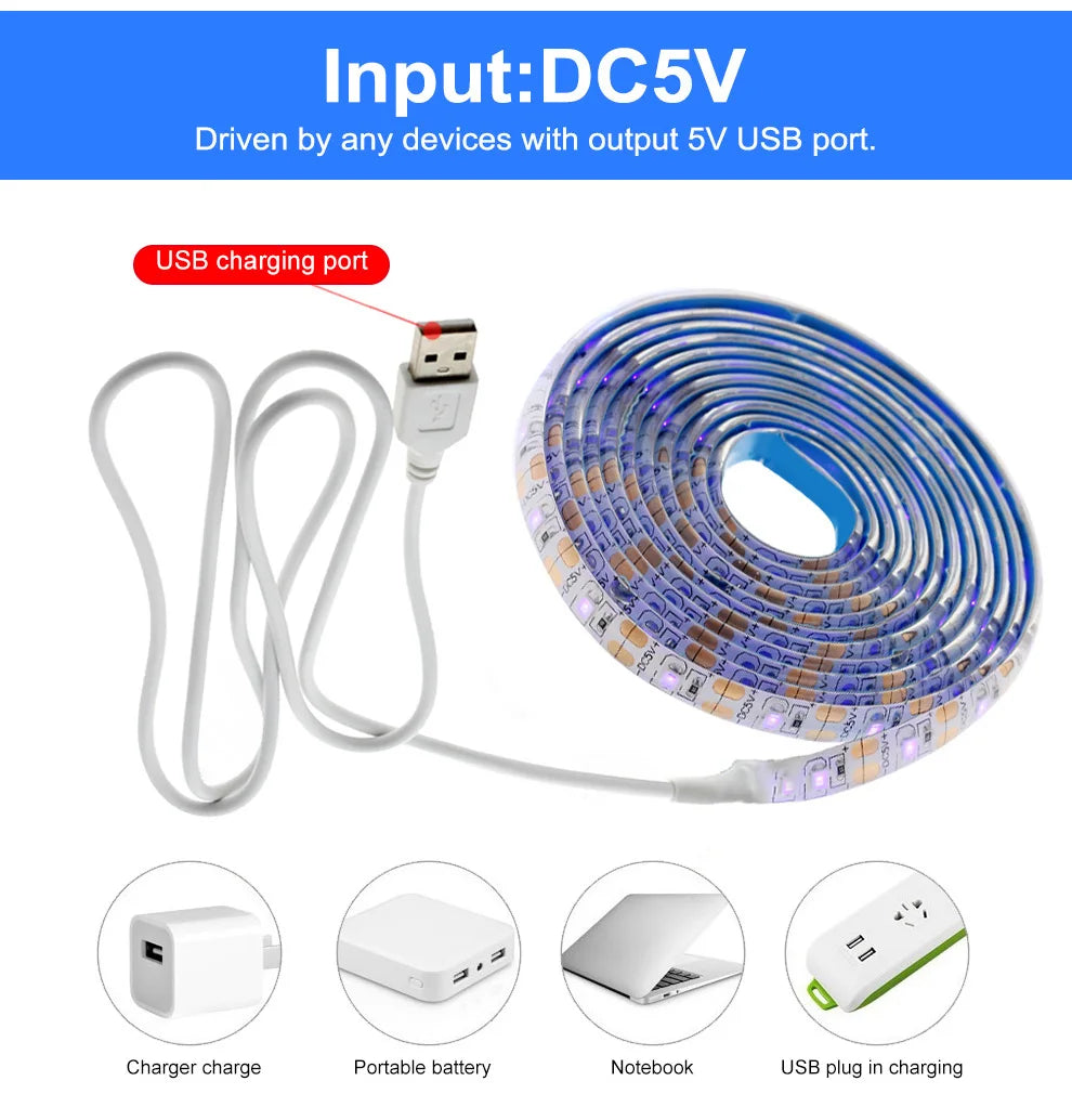 UV LED Strip Light 5V DC 2835 0.5M 1M 2M Waterproof  Purple Ribbon Ultraviolet USB Rope Tape for DJ Fluorescence