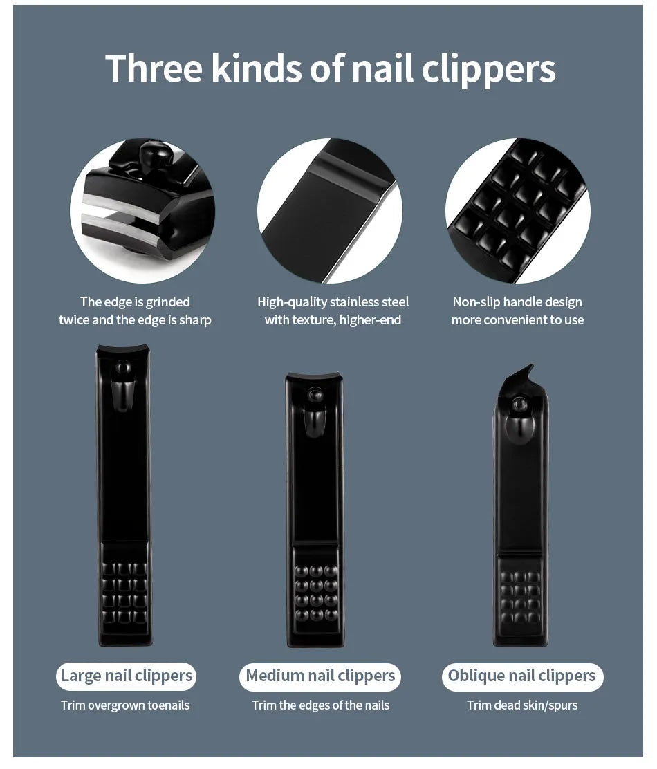 Ensemble de coupe-ongles noir en acier inoxydable Kit de manucure et de pédicure Ciseaux à ongles Pinces Tondeuse Outil d'entretien avec étui de voyage 