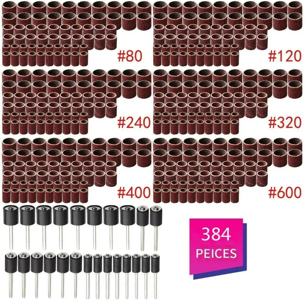 384-teiliges Trommel-Schleifset, Schleifpapierrolle für Nagelbohrer, Dremel-Set, Zubehör, Drehwerkzeug-Set, Hülsenkörnung, Dorn 