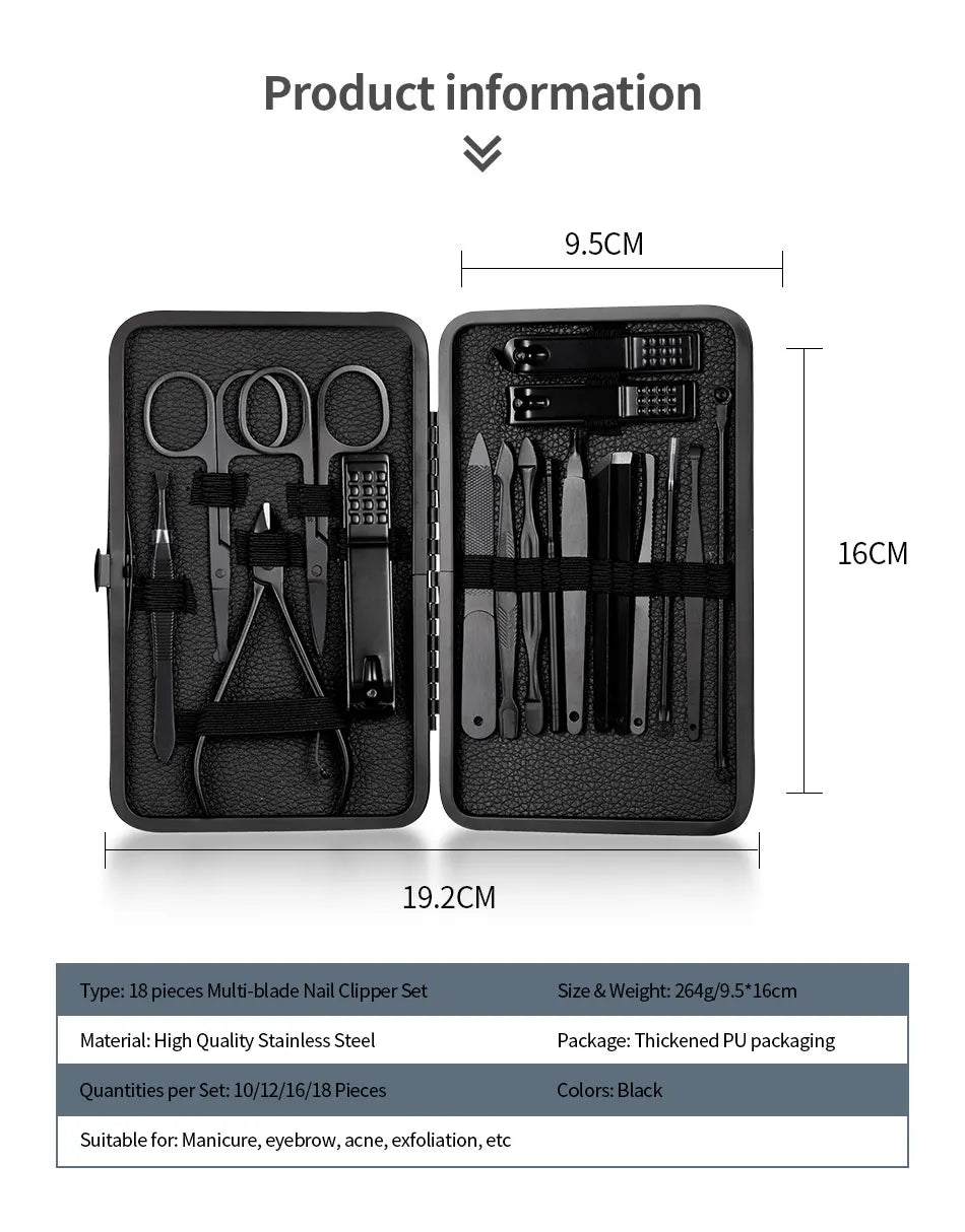 Ensemble de coupe-ongles noir en acier inoxydable Kit de manucure et de pédicure Ciseaux à ongles Pinces Tondeuse Outil d'entretien avec étui de voyage 