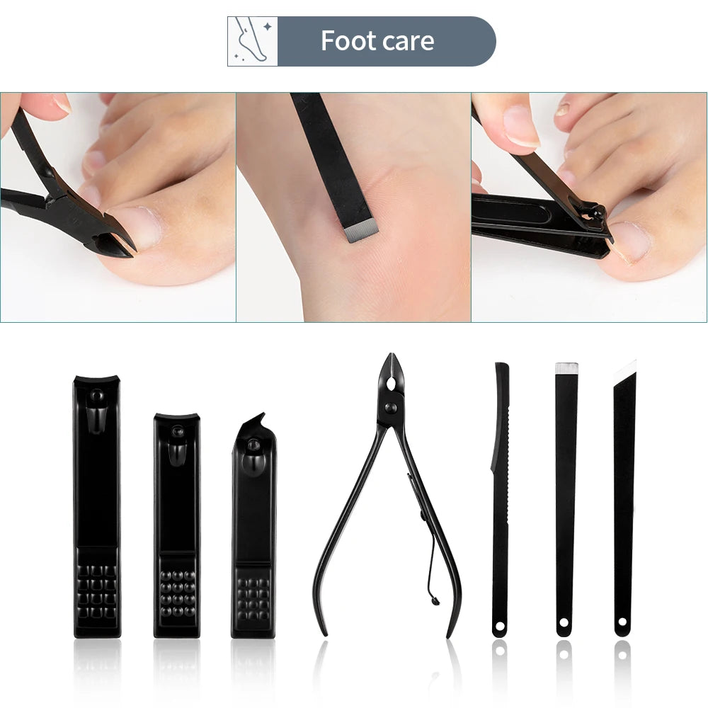 Ensemble de coupe-ongles noir en acier inoxydable Kit de manucure et de pédicure Ciseaux à ongles Pinces Tondeuse Outil d'entretien avec étui de voyage 