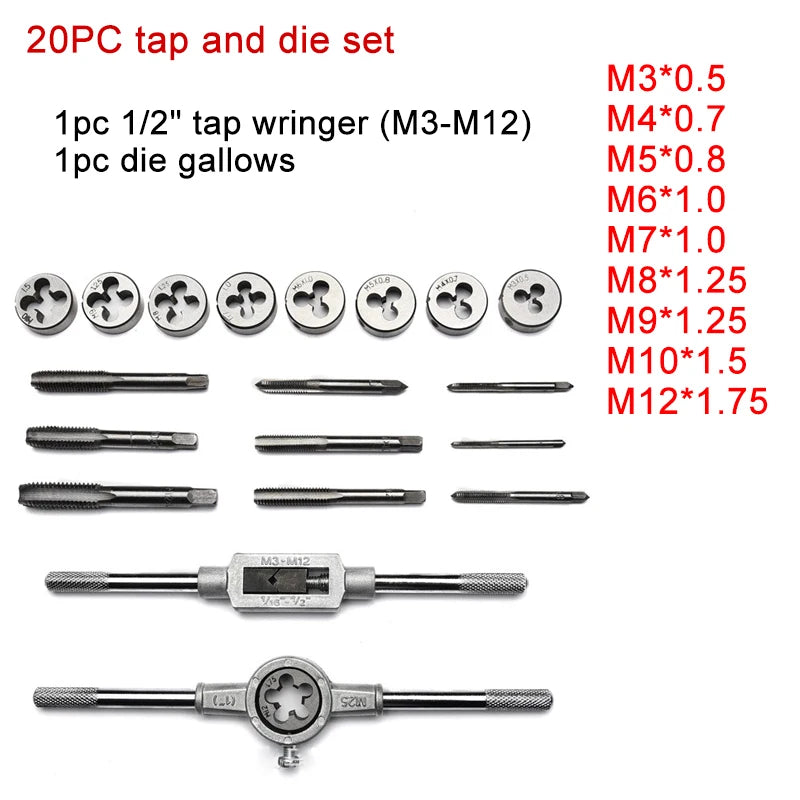 12/20PCS Tap and Die Set Metric Wrench Cut M3-M12 Hand Threading Tool Tungsten Carbide Tap Die Screw Thread Making Tool Bit Set