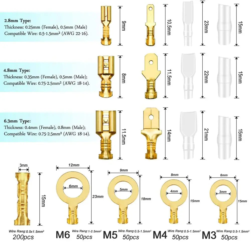 Male Female Wire Box Insulated Cable Macho Connector 2.8/6.3mm Electrical Crimp Terminals Termin Spade Connectors Assorted Kit