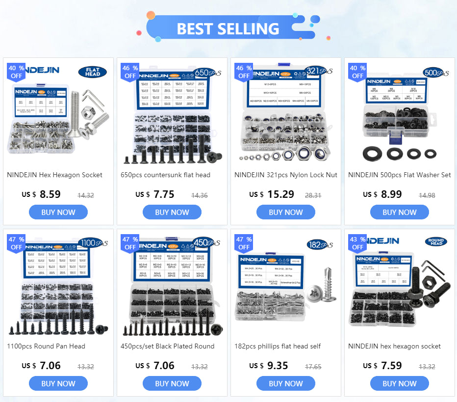 NINDEJIN hex hexagon socket countersunk head screw kit m2 m2.5 m3 m4 m5 m6 carbon steel flat head bolt and nut screw set