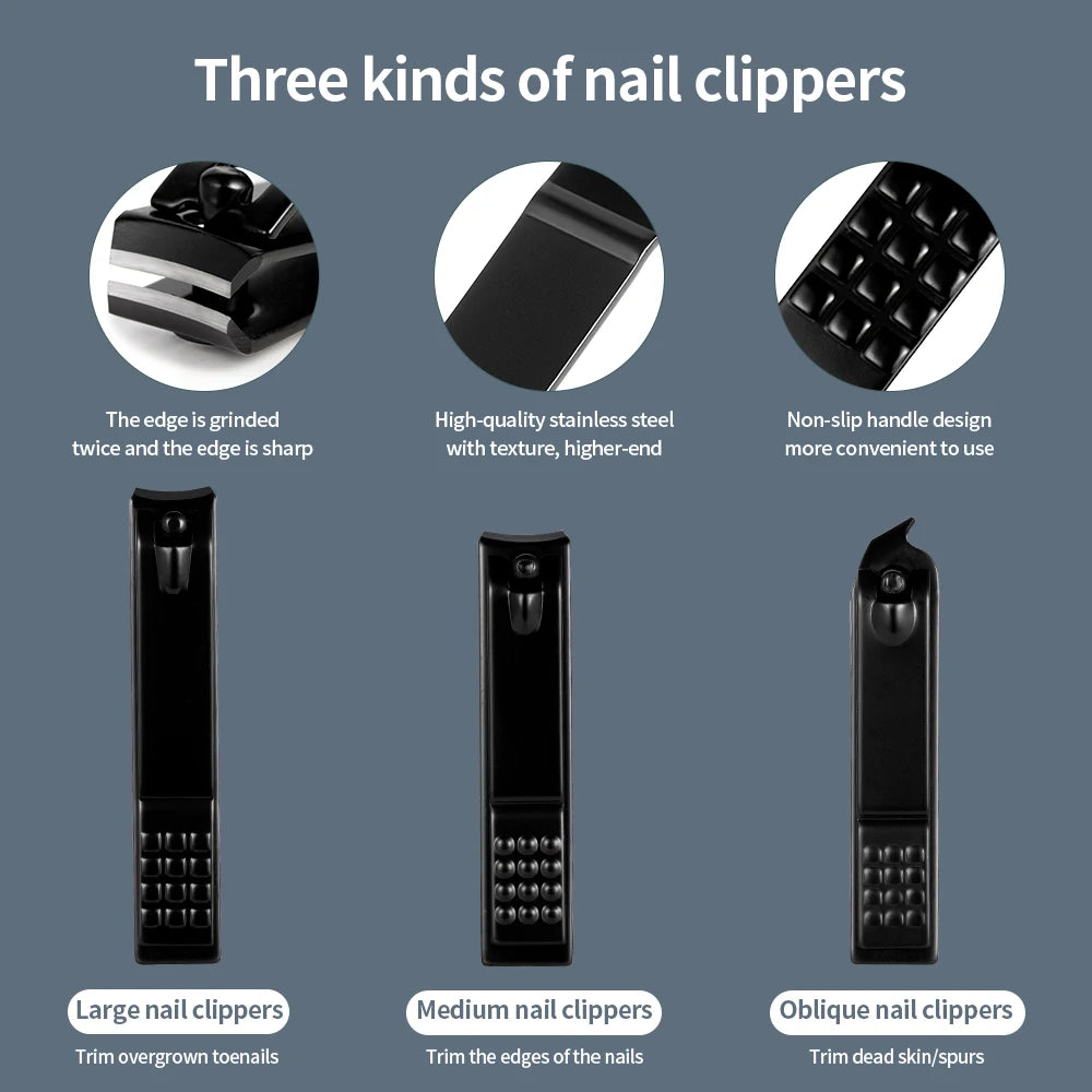 Ensemble de coupe-ongles noir en acier inoxydable Kit de manucure et de pédicure Ciseaux à ongles Pinces Tondeuse Outil d'entretien avec étui de voyage 