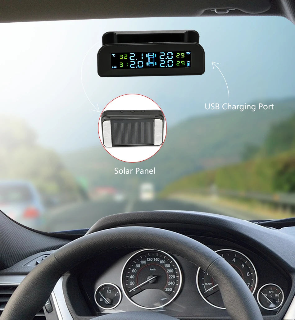 Système de surveillance de la pression des pneus TPMS de voiture intelligente, horloge numérique solaire, écran LCD, système d'alarme de sécurité de la pression des pneus de voiture 