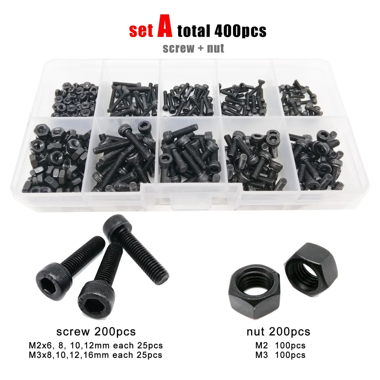 400/2100pc M1.6 M2 M2.5 M3 M4 M5 Black Grade 12.9 Steel Hexagon Hex Socket Cap Head Screw Bolt Nut Washer Set Assortment Kit Box