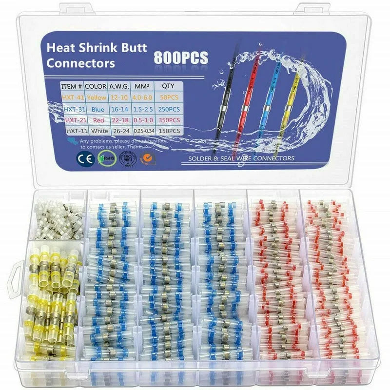 800pcs Solder Seal Wire Connectors Heat Shrink Insulated Electrical Wire Terminals Butt Splice CableCrimp Waterproof Automobile