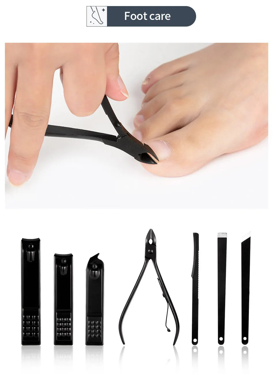 Ensemble de coupe-ongles noir en acier inoxydable Kit de manucure et de pédicure Ciseaux à ongles Pinces Tondeuse Outil d'entretien avec étui de voyage 