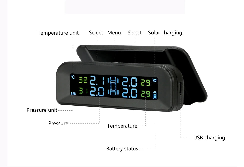 Système de surveillance de la pression des pneus TPMS de voiture intelligente, horloge numérique solaire, écran LCD, système d'alarme de sécurité de la pression des pneus de voiture 