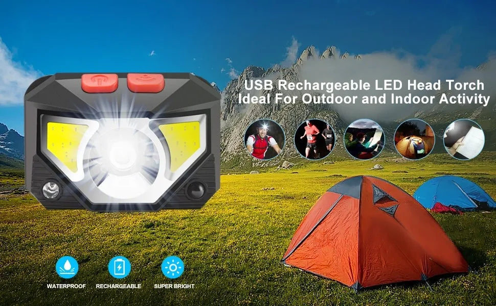 Lampe frontale à LED puissante avec capteur de mouvement et 8 modes d'éclairage, lampe torche COB pour le camping et la pêche 