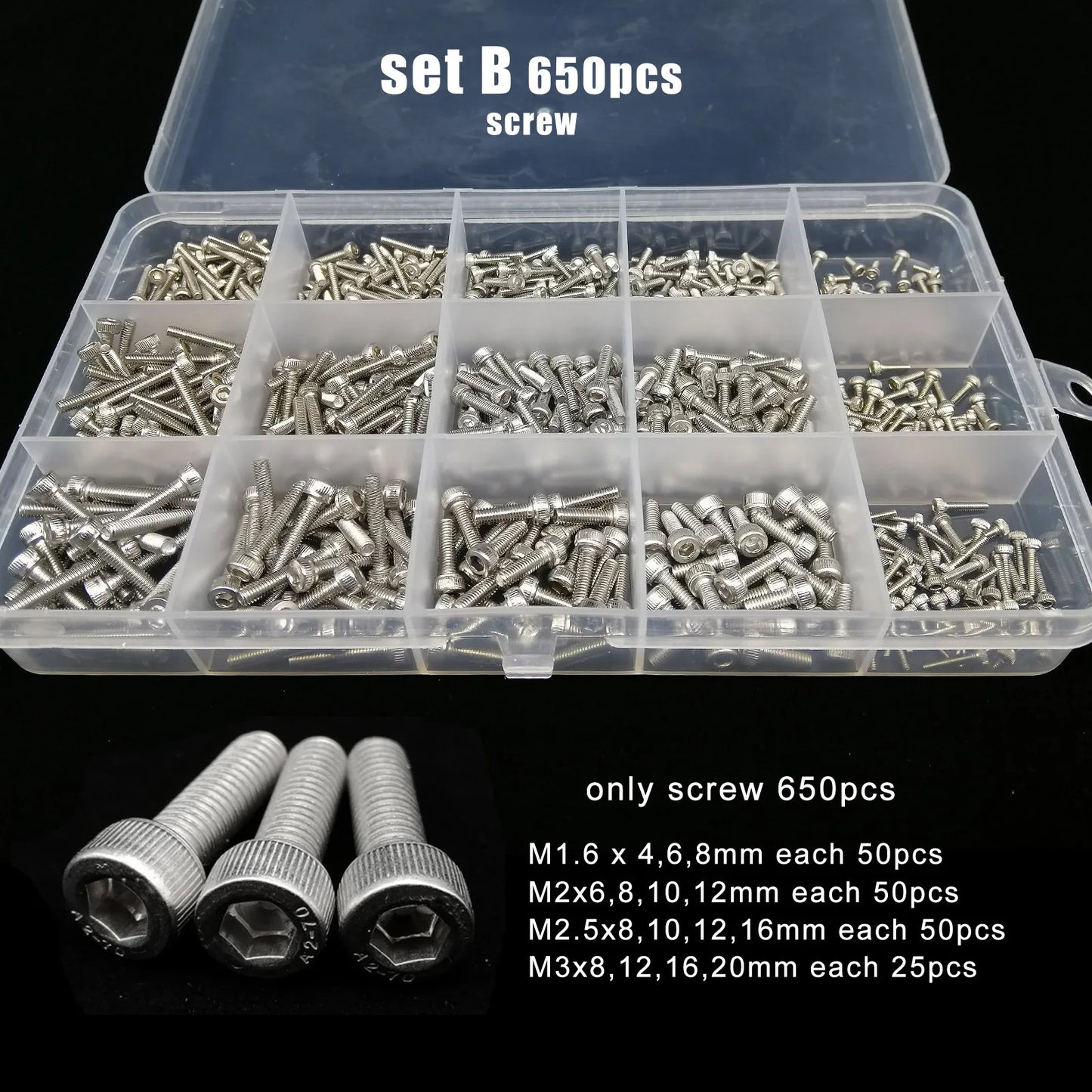 Total 400/650/1140/2100X M1.6 M2 M2.5 M3 M4 M5 304 Stainless Steel Hexagon Hex Socket Cap Head Screw Bolt Nut Set Assortment Kit