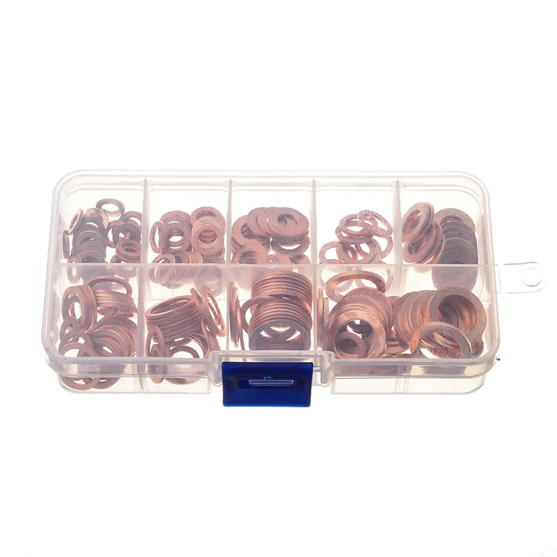 100/200PCS Copper Washer Gasket Nut and Bolt Set Flat Ring Seal Assortment Kit with Box //M8/M10/M12/M14 for Sump Plugs