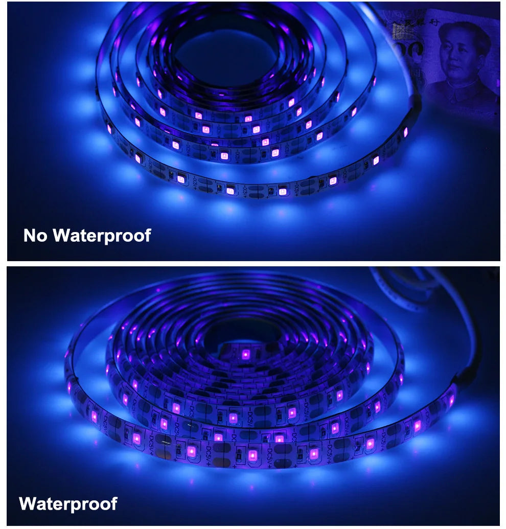 UV LED Strip Light 5V DC 2835 0.5M 1M 2M Waterproof  Purple Ribbon Ultraviolet USB Rope Tape for DJ Fluorescence