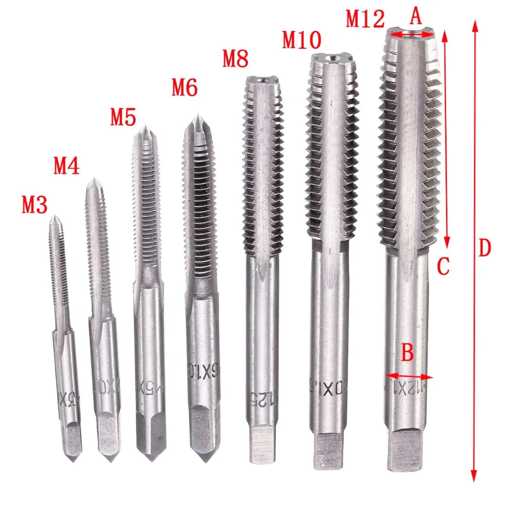 7Pcs M3-M12 HSS Metric Right Hand Machine Straight Fluted Screw Thread Tap Set Metric Plug Tap Drill Bits Set Hand Tools