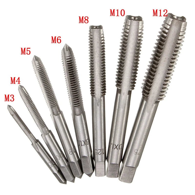 7Pcs M3-M12 HSS Metric Right Hand Machine Straight Fluted Screw Thread Tap Set Metric Plug Tap Drill Bits Set Hand Tools