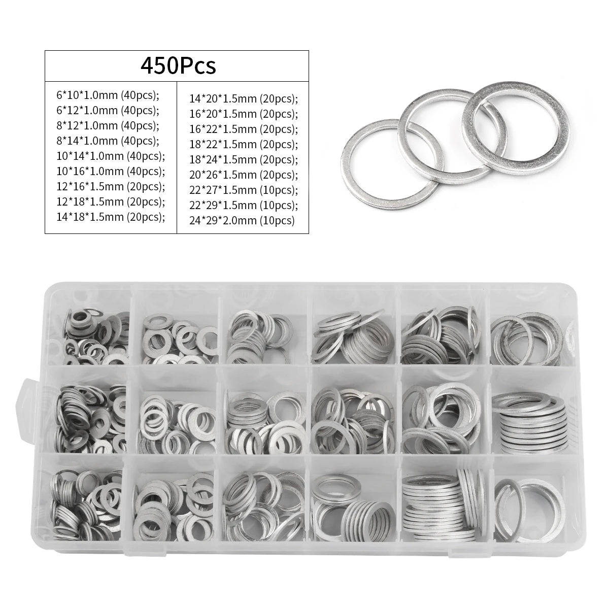 Hot Sale 200/280/450Pcs Aluminum Flat Gaskets Washers Assorted Gasket Metal Sealing Washer Assorted Aluminum Sealing Rings