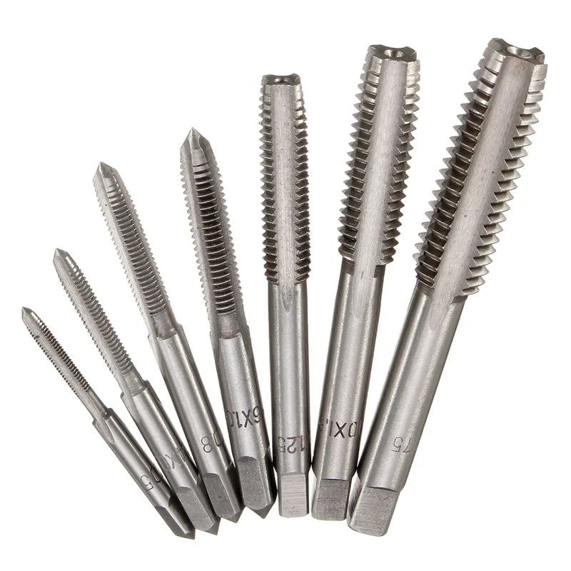 7Pcs M3-M12 HSS Metric Right Hand Machine Straight Fluted Screw Thread Tap Set Metric Plug Tap Drill Bits Set Hand Tools