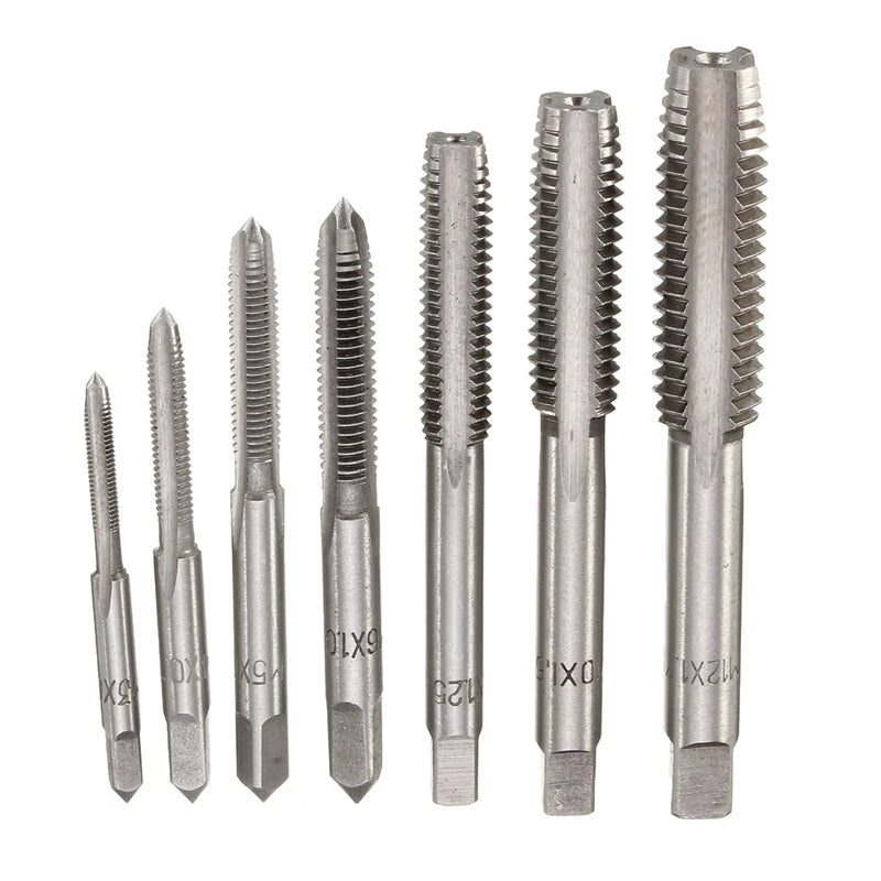 7Pcs M3-M12 HSS Metric Right Hand Machine Straight Fluted Screw Thread Tap Set Metric Plug Tap Drill Bits Set Hand Tools