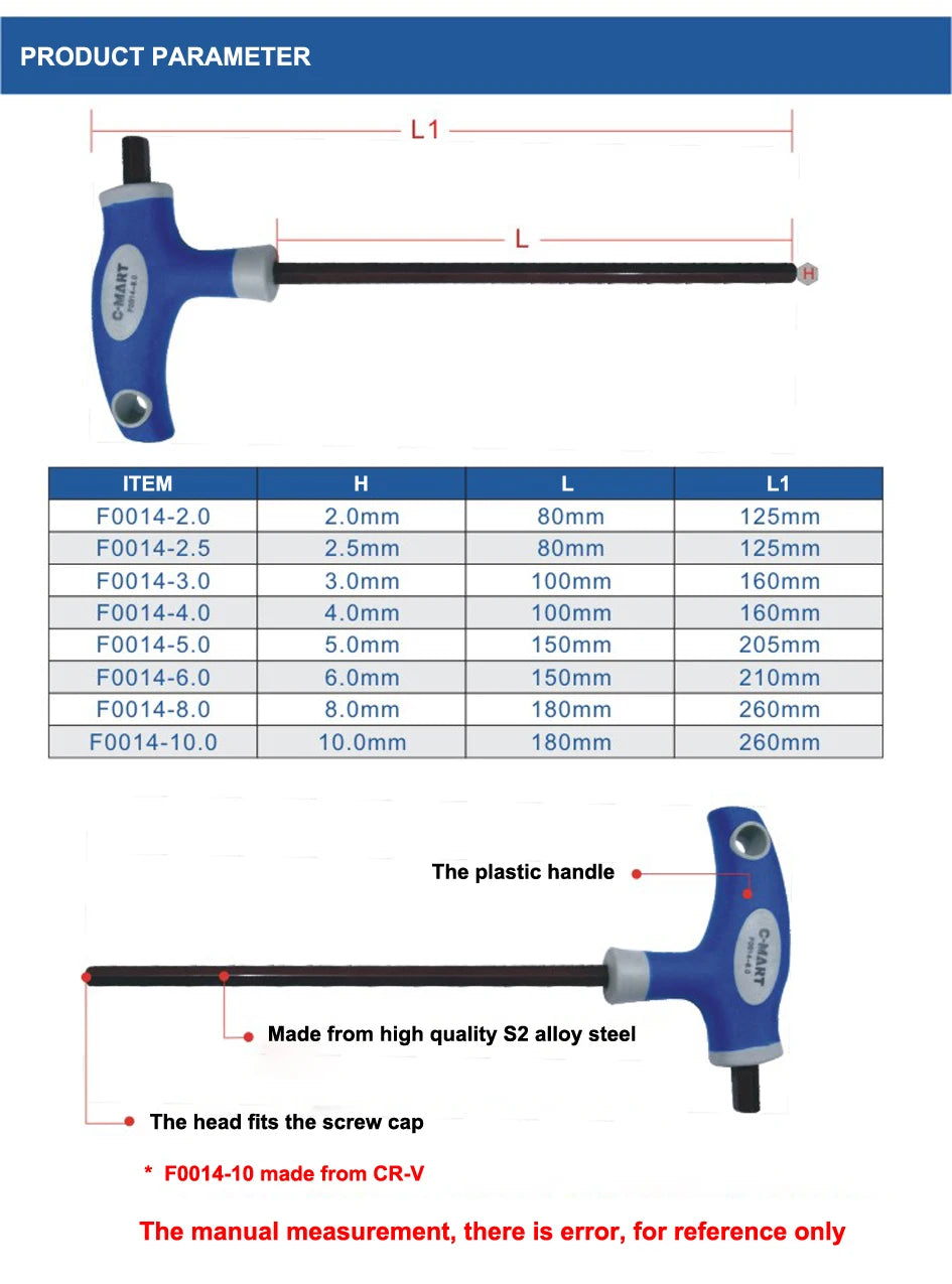 C-Mart Hand Tool 2.5/3/4/5/6/8/10mm Chromium-vanadiu Steel Inner Hexagon Wrench T Handle allen Hex Key Wrench Spanner