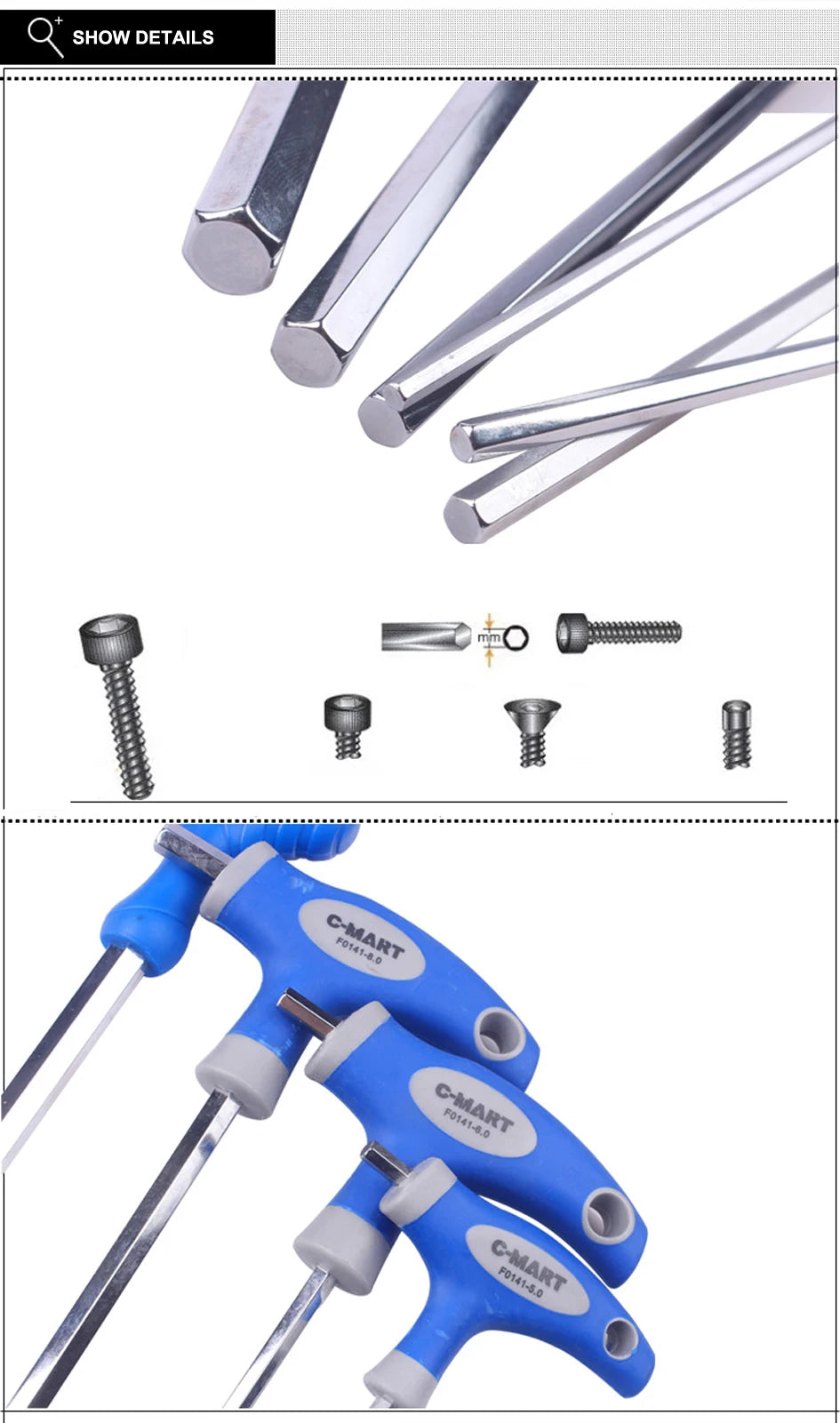 C-Mart Hand Tool 2.5/3/4/5/6/8/10mm Chromium-vanadiu Steel Inner Hexagon Wrench T Handle allen Hex Key Wrench Spanner