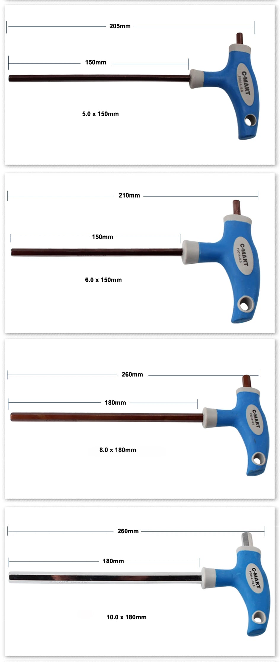 C-Mart Hand Tool 2.5/3/4/5/6/8/10mm Chromium-vanadiu Steel Inner Hexagon Wrench T Handle allen Hex Key Wrench Spanner