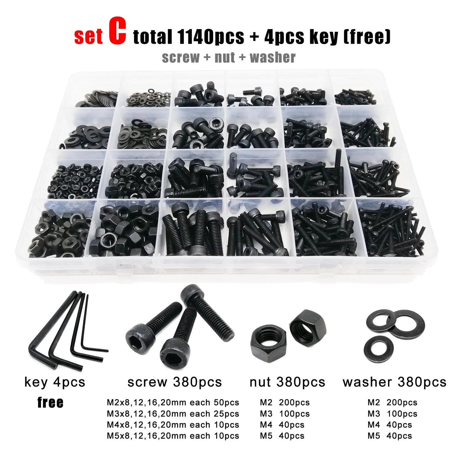 400/2100pc M1.6 M2 M2.5 M3 M4 M5 Black Grade 12.9 Steel Hexagon Hex Socket Cap Head Screw Bolt Nut Washer Set Assortment Kit Box