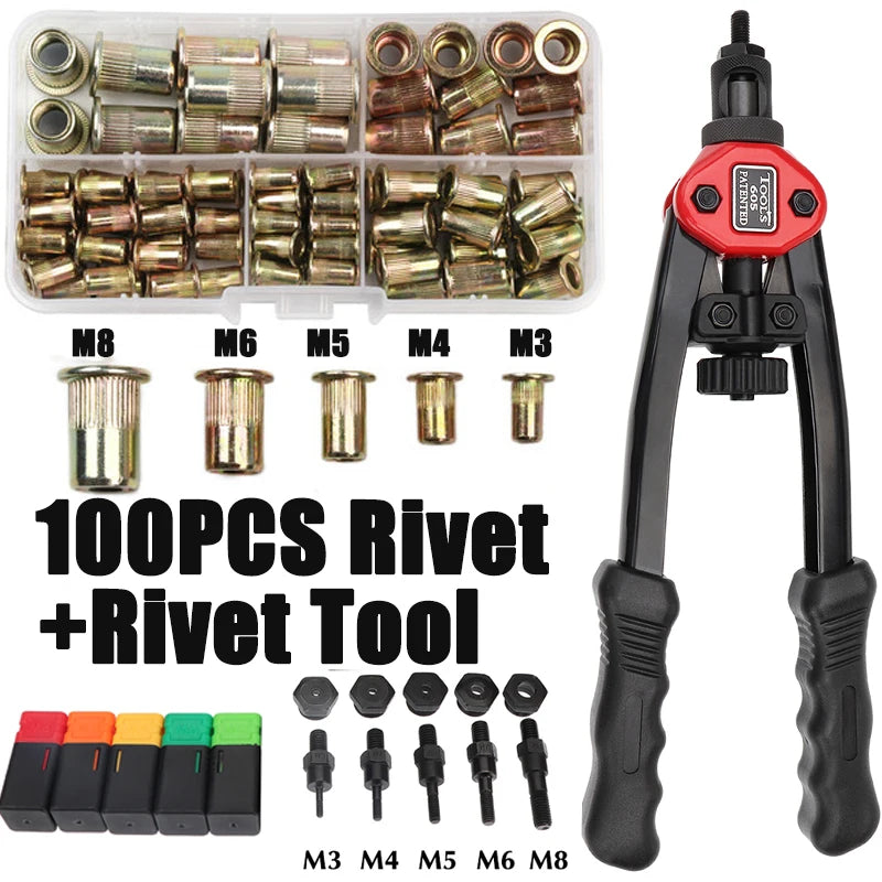 100 pièces écrou à rivet + pistolet à écrous à rivets filetés à la main BT606 M3 M4 M5 M6 M8 pistolet à riveter manuel à double insertion outil de rivetage à rivets à écrou 