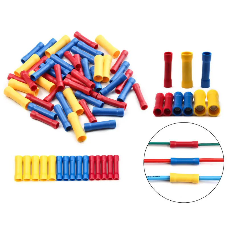 Assorted Butt Connector Insulated Crimp Terminals Electrical Cable Wire Connectors BV1.25 BV2.5 BV5.5 Car Accessories