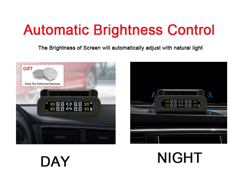 Système de surveillance de la pression des pneus TPMS de voiture intelligente, horloge numérique solaire, écran LCD, système d'alarme de sécurité de la pression des pneus de voiture 