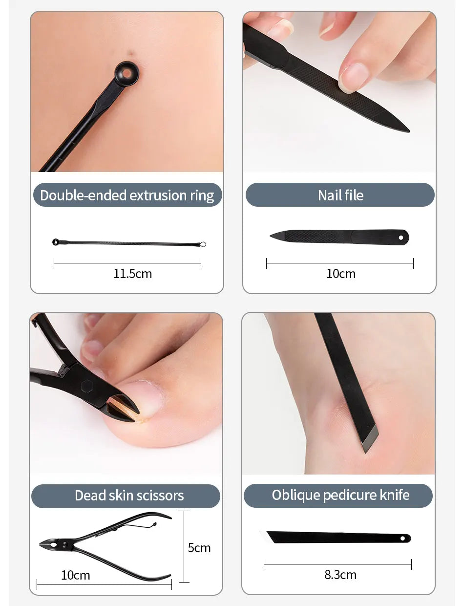 Ensemble de coupe-ongles noir en acier inoxydable Kit de manucure et de pédicure Ciseaux à ongles Pinces Tondeuse Outil d'entretien avec étui de voyage 