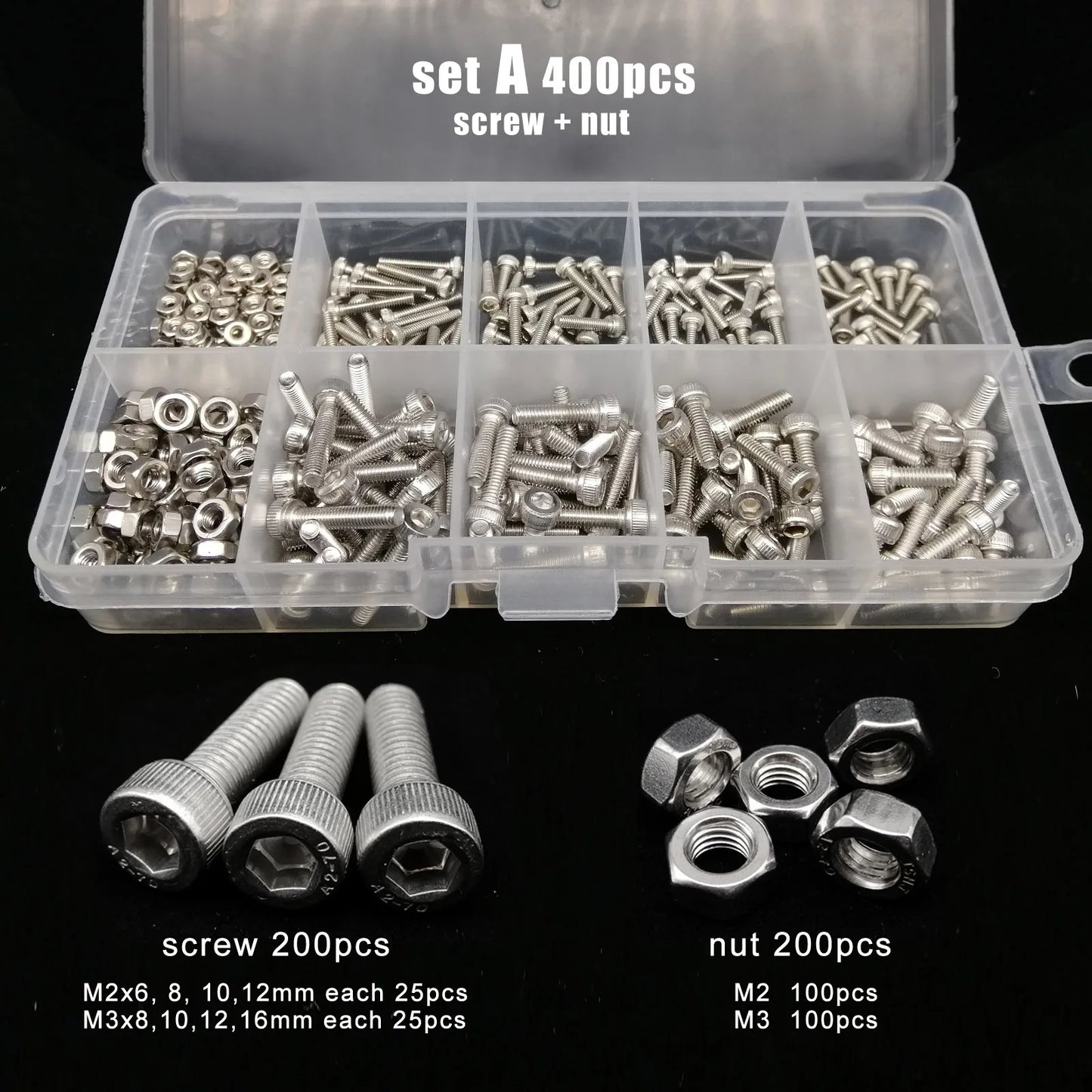 Total 400/650/1140/2100X M1.6 M2 M2.5 M3 M4 M5 304 Stainless Steel Hexagon Hex Socket Cap Head Screw Bolt Nut Set Assortment Kit