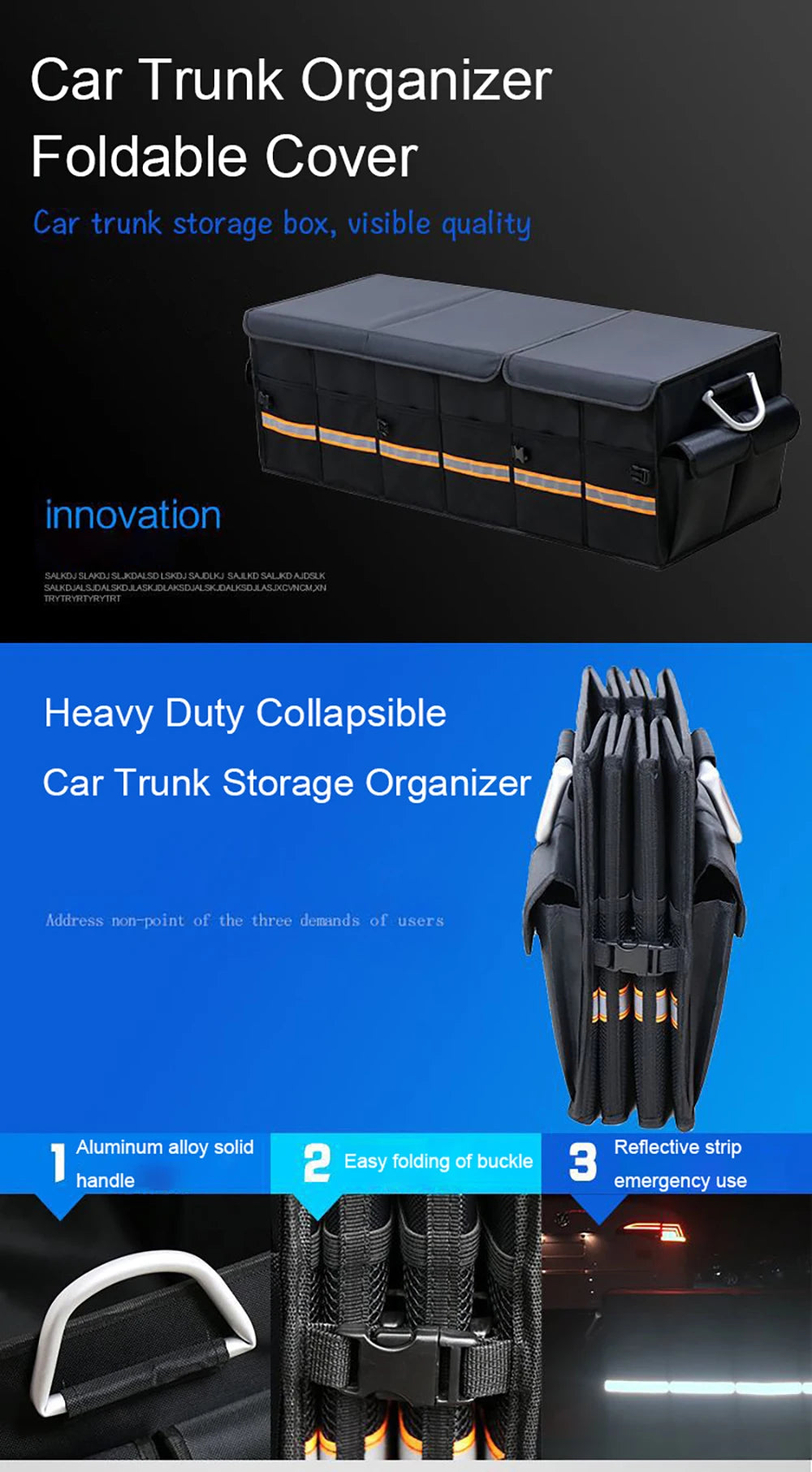 100L 66L Car Trunk Organizer Foldable Heavy Duty Durable Sturdy Collapsible Reflective Strip Storage Box For Sedan SUV Truck