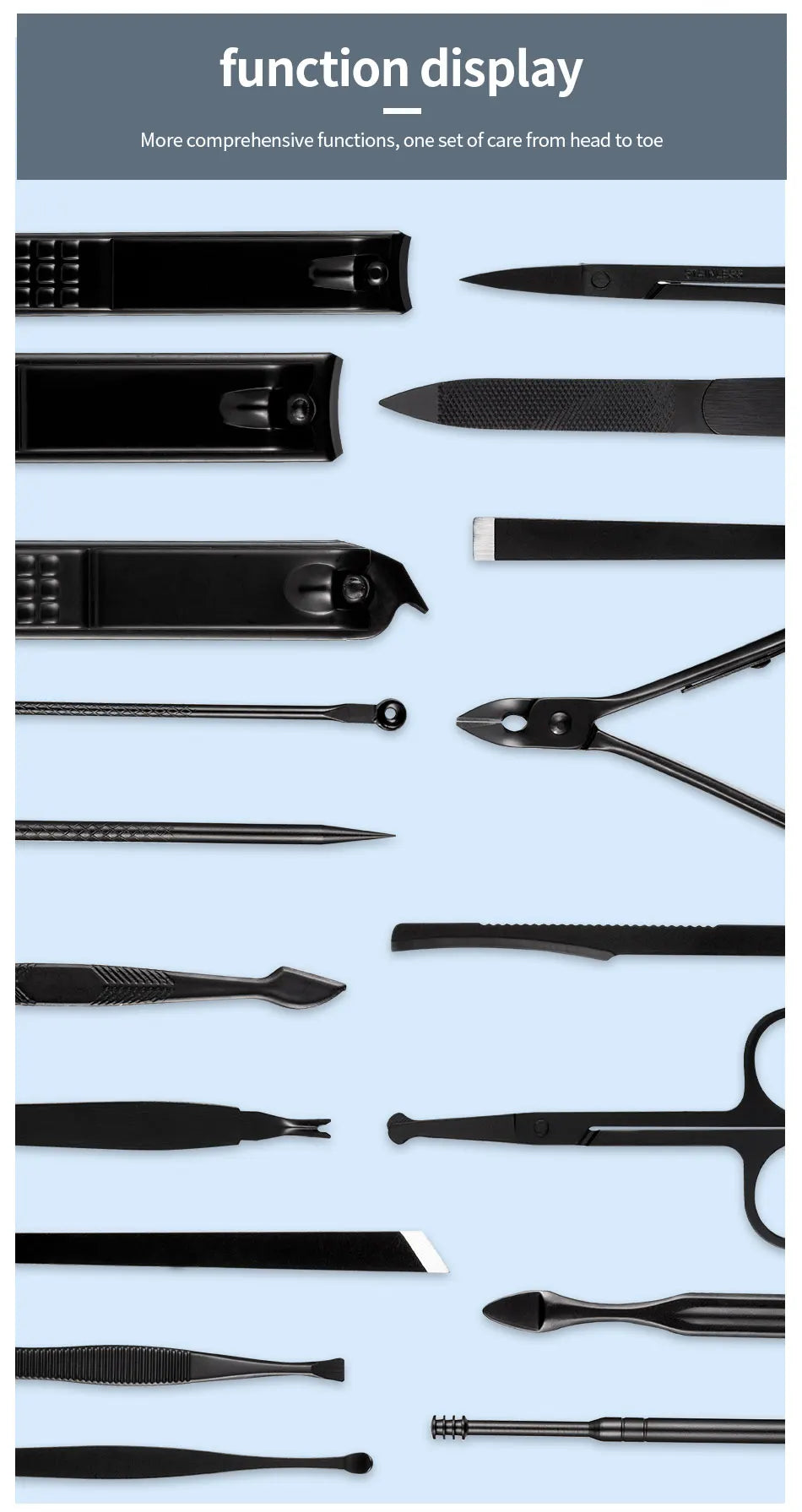 Ensemble de coupe-ongles noir en acier inoxydable Kit de manucure et de pédicure Ciseaux à ongles Pinces Tondeuse Outil d'entretien avec étui de voyage 