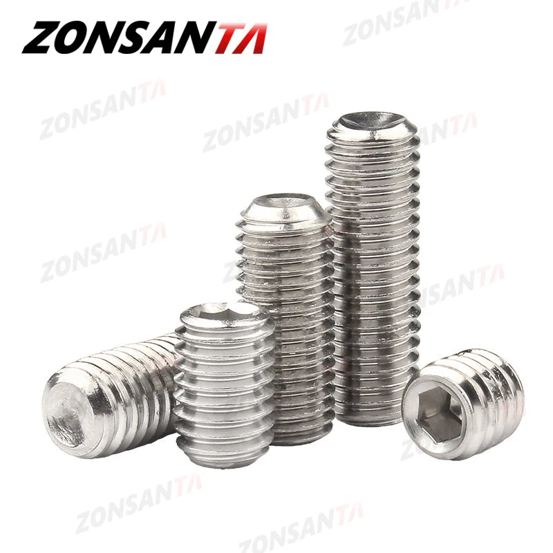 Vis sans tête ZONSANTA M2 M2.5 M3 M4 M5 M6 M8 DIN916 304 en acier inoxydable à six pans creux Allen Cup Point DIY Set Poignées de porte Boulon 