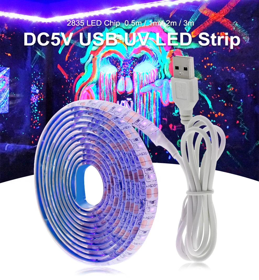 UV LED Strip Light 5V DC 2835 0.5M 1M 2M Waterproof  Purple Ribbon Ultraviolet USB Rope Tape for DJ Fluorescence