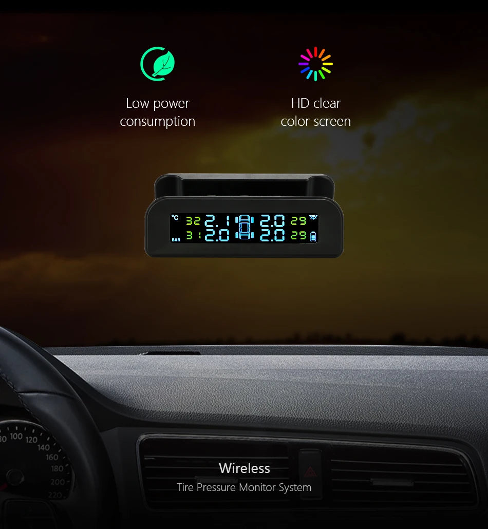 Système de surveillance de la pression des pneus TPMS de voiture intelligente, horloge numérique solaire, écran LCD, système d'alarme de sécurité de la pression des pneus de voiture 