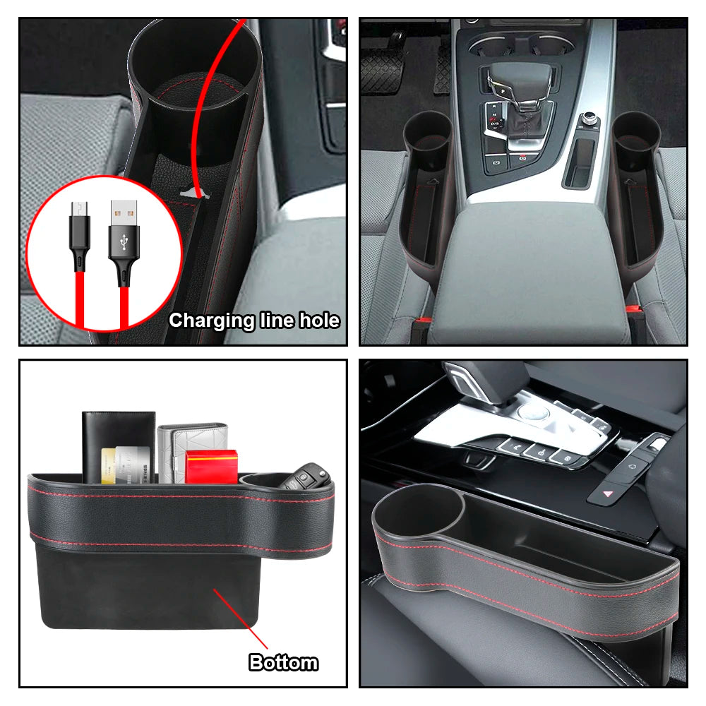 PU Leather Car Seat Gap Storage Box Universal Seat Gap Slit Box With Charging Hole Phone Bottle Keys Holder Box Auto Organizer