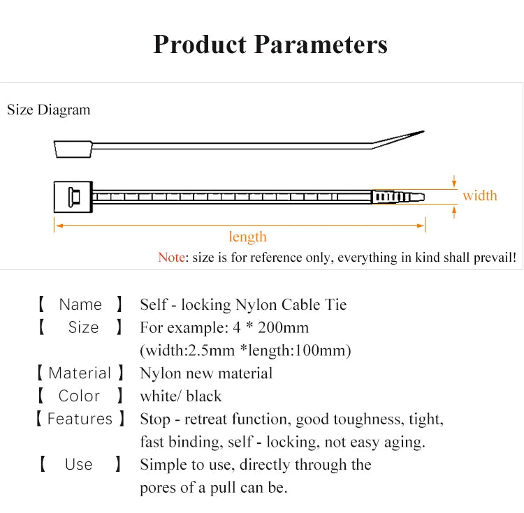 Self-locking plastic nylon tie 100PCS/bag  black Zip wraps strap nylon cable tie set  fastening ring  Loop Wire Wrap