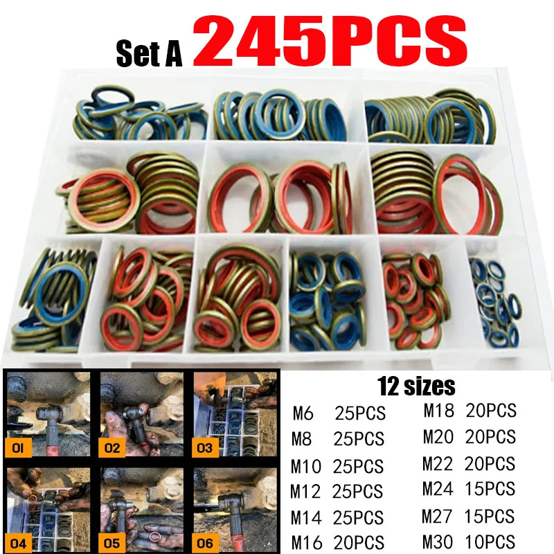 100/245pcs Sealing Gasket Set Oil Drain Combined Washer Seal Set M6 M8 M10 M12 M14 M16 M18 M20 M22 M24 M27 M30 - ToolFlx